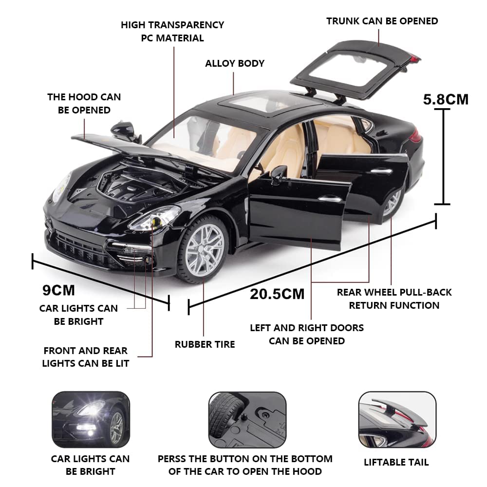 1:24 Scale Porsche Panamera Die-Cast Metal Model with Lights, Sound, and Smoke